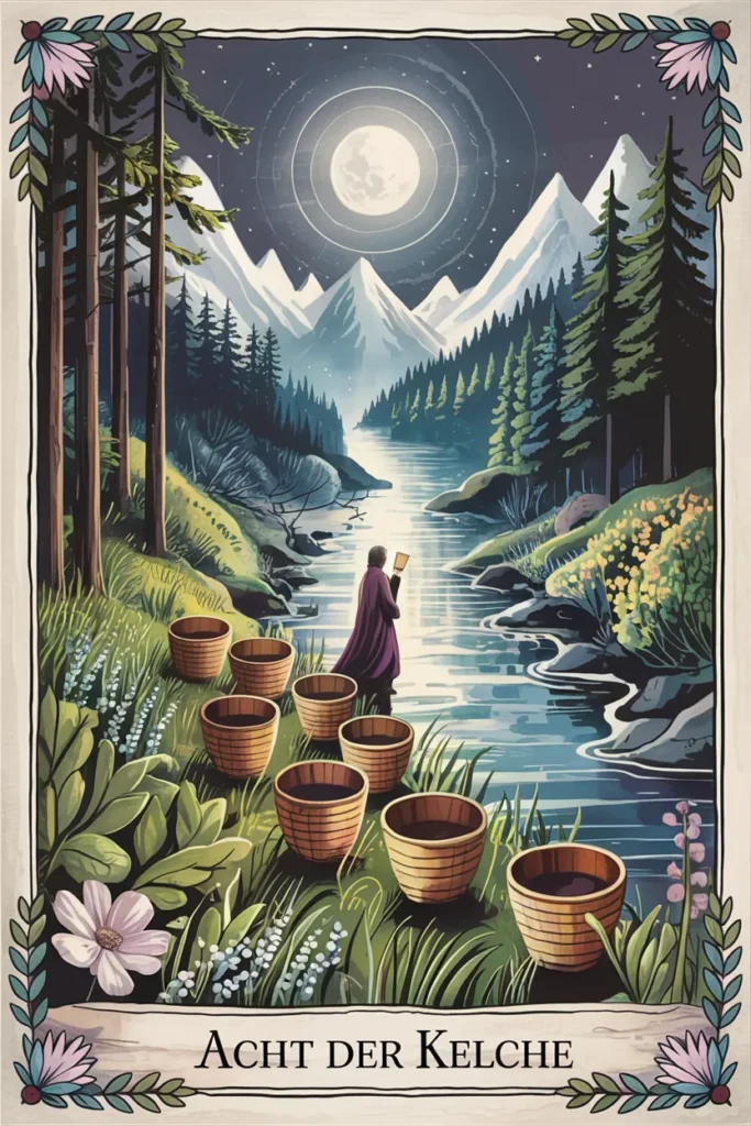 Tarotkarte Acht der Kelche in mystischer Waldästhetik mit acht Kelchen als Symbol für bewegung, begrenzung oder vertiefung.