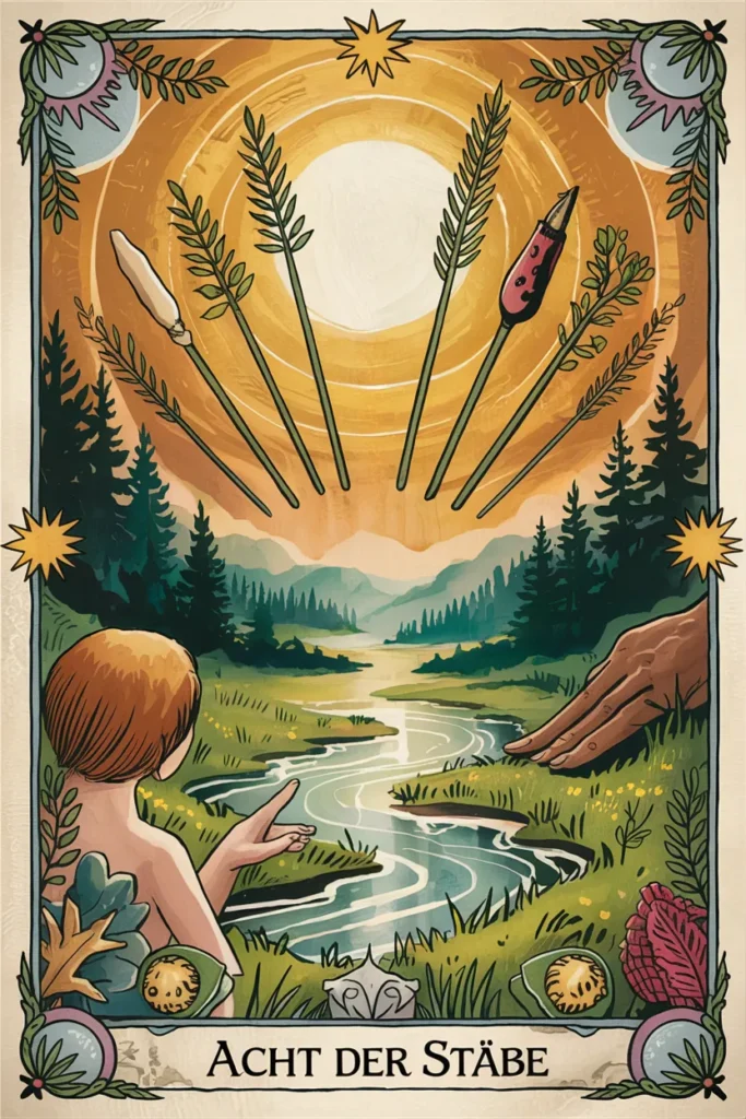 Tarotkarte Acht der Stäbe in mystischer Waldästhetik mit acht Stäben als Symbol für bewegung, begrenzung oder vertiefung.