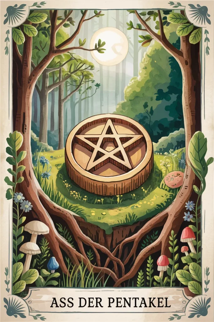 Tarotkarte Ass der Pentakel in mystischer Waldästhetik mit einem Pentakeln als Symbol für neubeginn, potenzial und erster impuls.