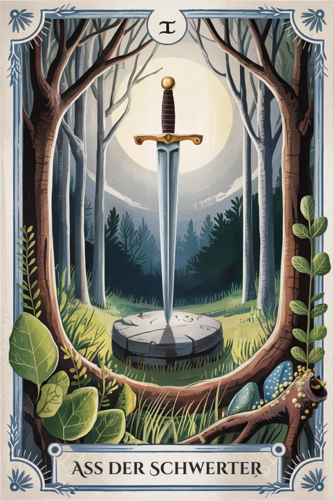 Tarotkarte Ass der Schwerter in mystischer Waldästhetik mit einem Schwertern als Symbol für neubeginn, potenzial und erster impuls.