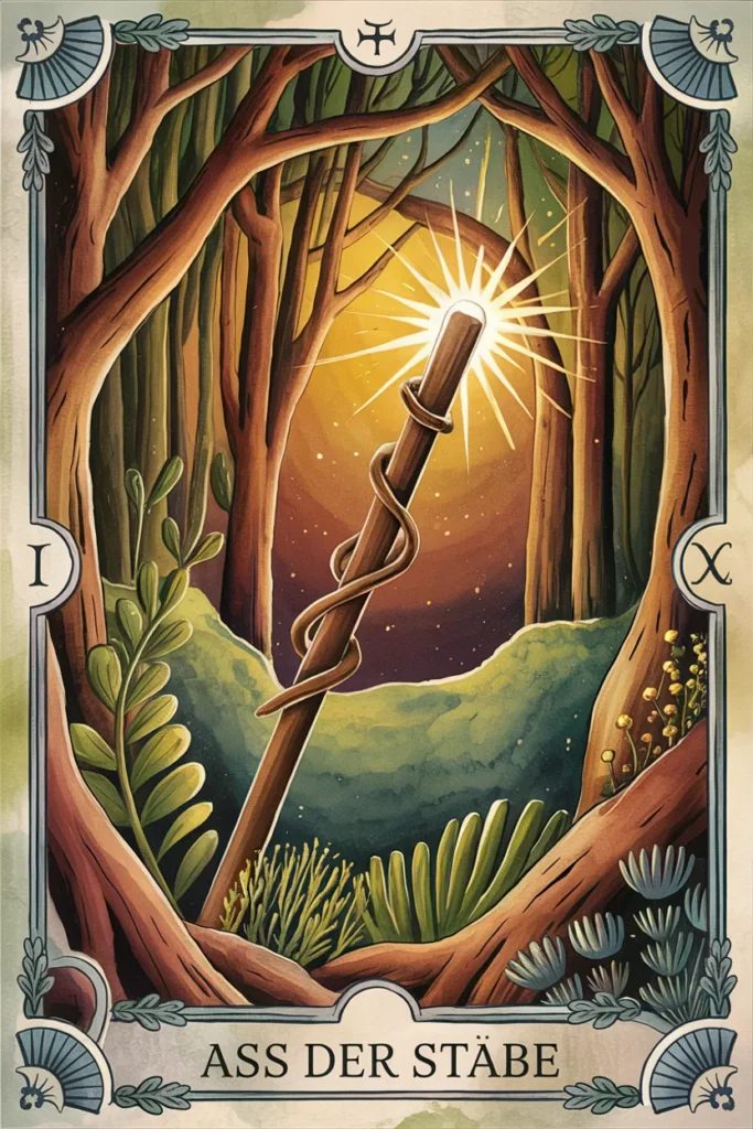 Tarotkarte Ass der Stäbe in mystischer Waldästhetik mit einem Stäben als Symbol für neubeginn, potenzial und erster impuls.