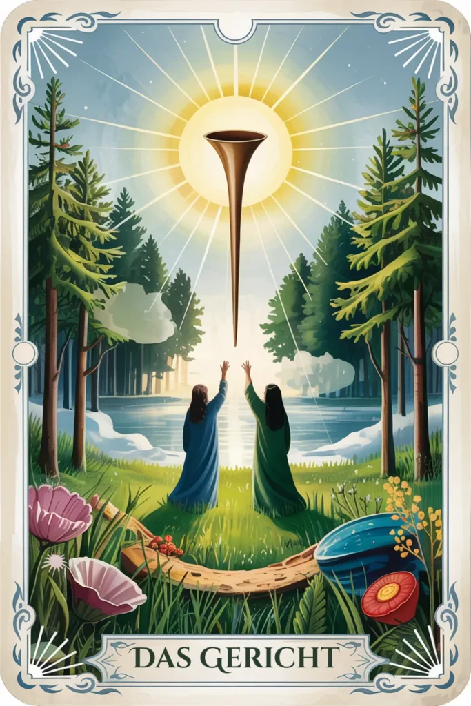Tarotkarte Das Gericht in naturmystischer Bildsprache mit einer Szene für erwachen, entscheidung und innerer ruf.