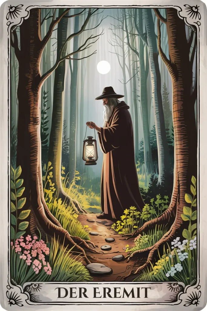 Tarotkarte Der Eremit in naturmystischer Bildsprache mit einer Szene für rückzug, weisheit und innere führung.