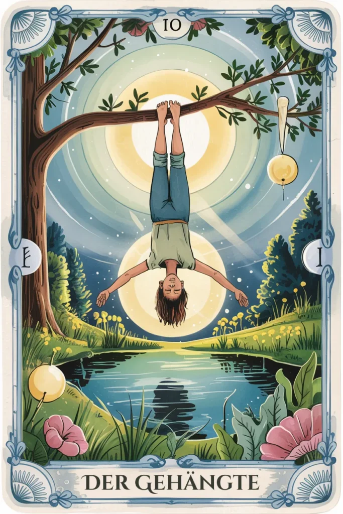 Tarotkarte Der Gehängte in naturmystischer Bildsprache mit einer Szene für stillstand, perspektivwechsel und hingabe.