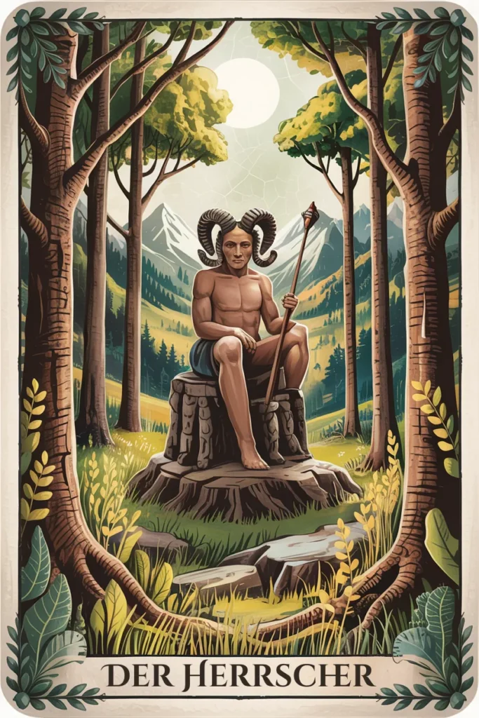 Tarotkarte Der Herrscher in naturmystischer Bildsprache mit einer Szene für ordnung, autorität und stabile struktur.