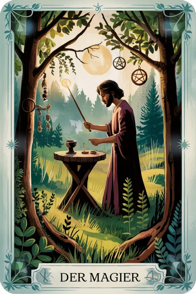 Tarotkarte Der Magier in naturmystischer Bildsprache mit einer Szene für schöpferkraft, fokus und bewusste gestaltung.