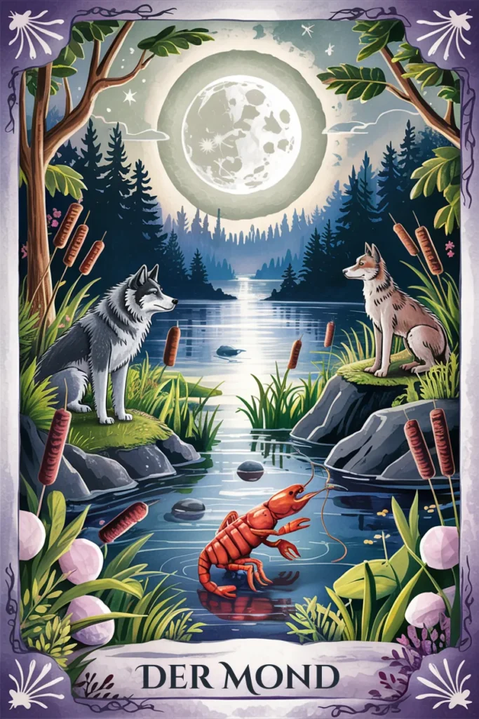 Tarotkarte Der Mond in naturmystischer Bildsprache mit einer Szene für ahnung, unklarheit und tiefe innenwelt.