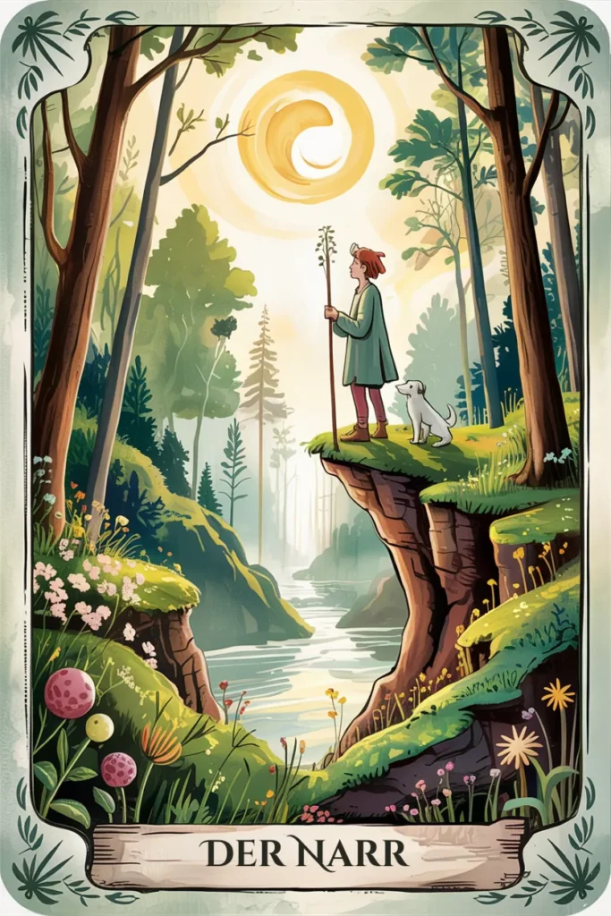 Tarotkarte Der Narr in naturmystischer Bildsprache mit einer Szene für neubeginn, freiheit und vertrauen in den weg.