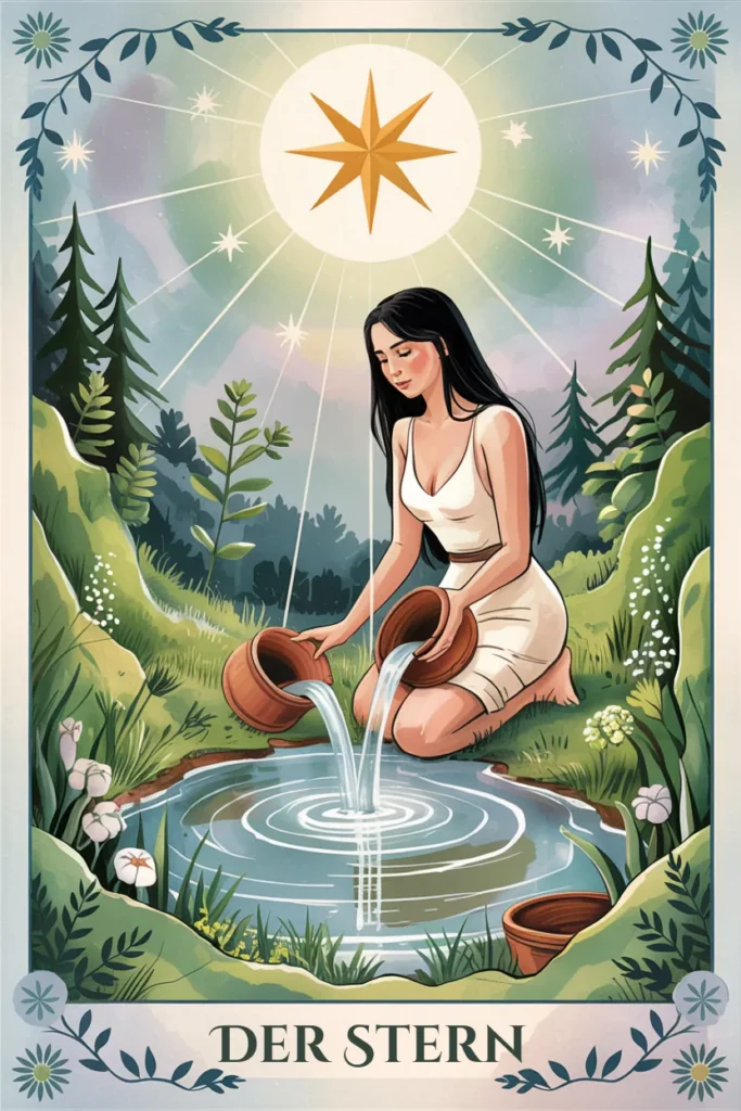 Tarotkarte Der Stern in naturmystischer Bildsprache mit einer Szene für hoffnung, heilung und leise zuversicht.