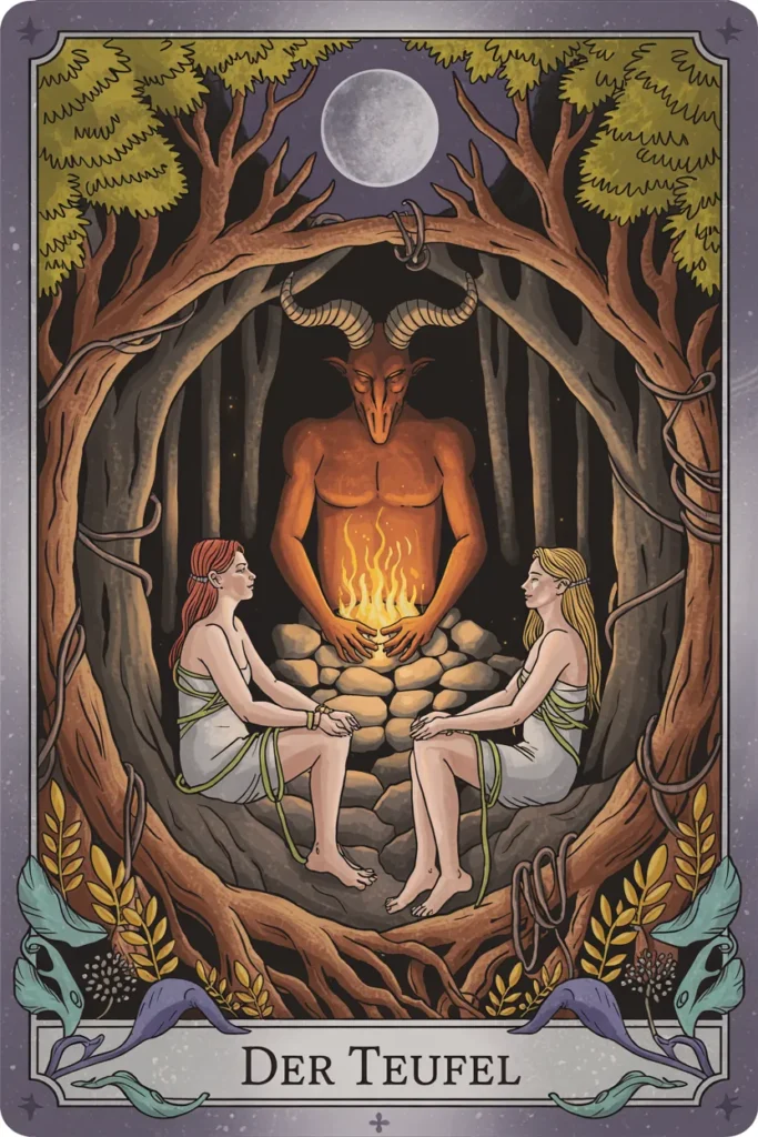 Tarotkarte Der Teufel in naturmystischer Bildsprache mit einer Szene für bindung, versuchung und unbewusste muster.