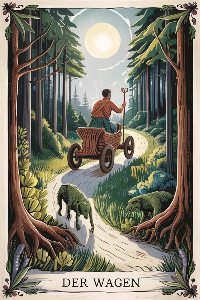Tarotkarte Der Wagen in naturmystischer Bildsprache mit einer Szene für willenskraft, richtung und entschlossener aufbruch.
