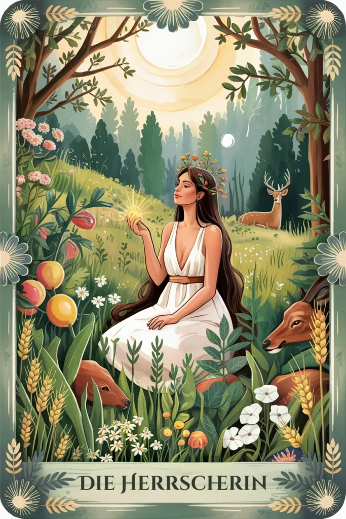 Tarotkarte Die Herrscherin in naturmystischer Bildsprache mit einer Szene für fülle, kreativität und nährende kraft.