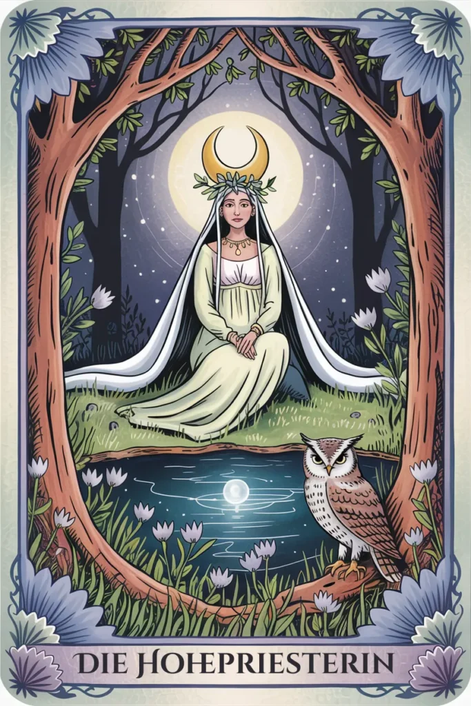 Tarotkarte Die Hohepriesterin in naturmystischer Bildsprache mit einer Szene für intuition, stille und verborgenes wissen.