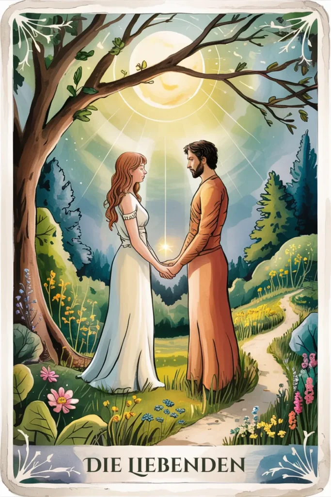 Tarotkarte Die Liebenden in naturmystischer Bildsprache mit einer Szene für verbindung, wahl und innere übereinstimmung.