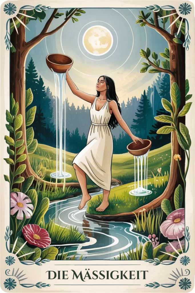 Tarotkarte Die Mäßigkeit in naturmystischer Bildsprache mit einer Szene für balance, heilung und harmonischer fluss.