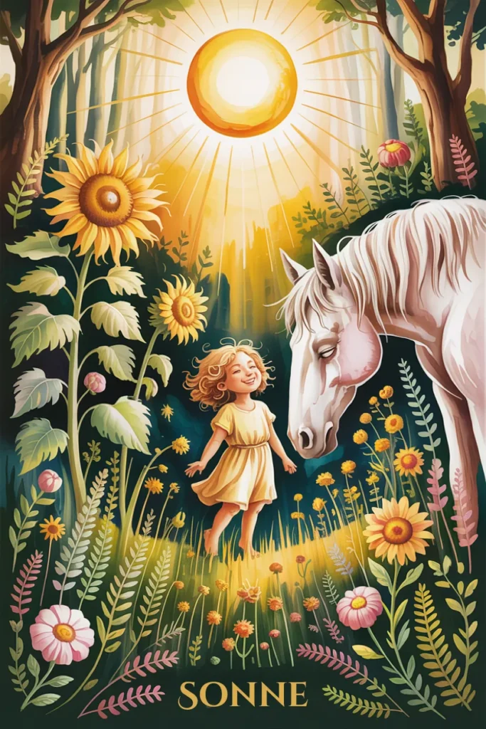 Tarotkarte Die Sonne in naturmystischer Bildsprache mit einer Szene für lebenskraft, freude und klare sicht.