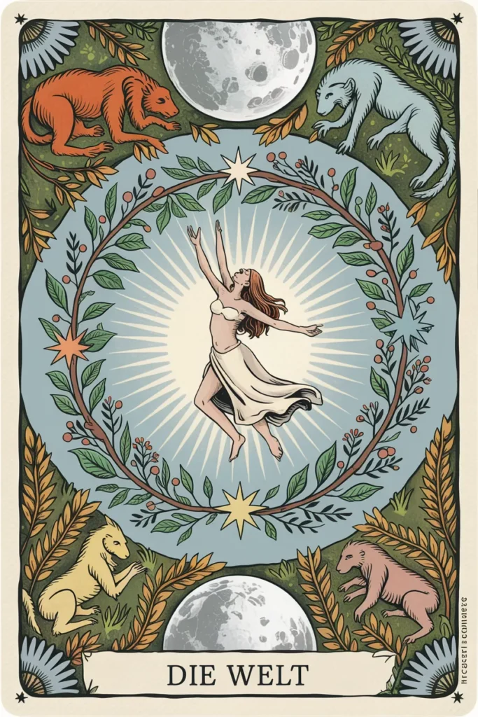 Tarotkarte Die Welt in naturmystischer Bildsprache mit einer Szene für vollendung, ganzheit und erfüllter zyklus.