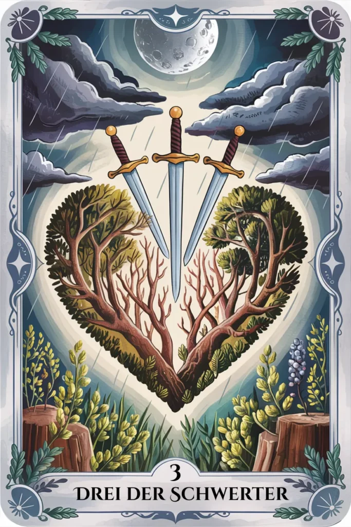 Tarotkarte Drei der Schwerter in mystischer Waldästhetik mit drei Schwertern als Symbol für entwicklung, austausch und wachstum.