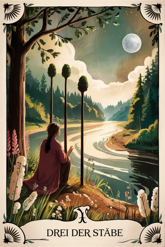 Tarotkarte Drei der Stäbe in mystischer Waldästhetik mit drei Stäben als Symbol für entwicklung, austausch und wachstum.