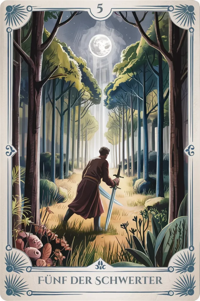 Tarotkarte Fünf der Schwerter in mystischer Waldästhetik mit fünf Schwertern als Symbol für spannung, verlust oder konflikt.