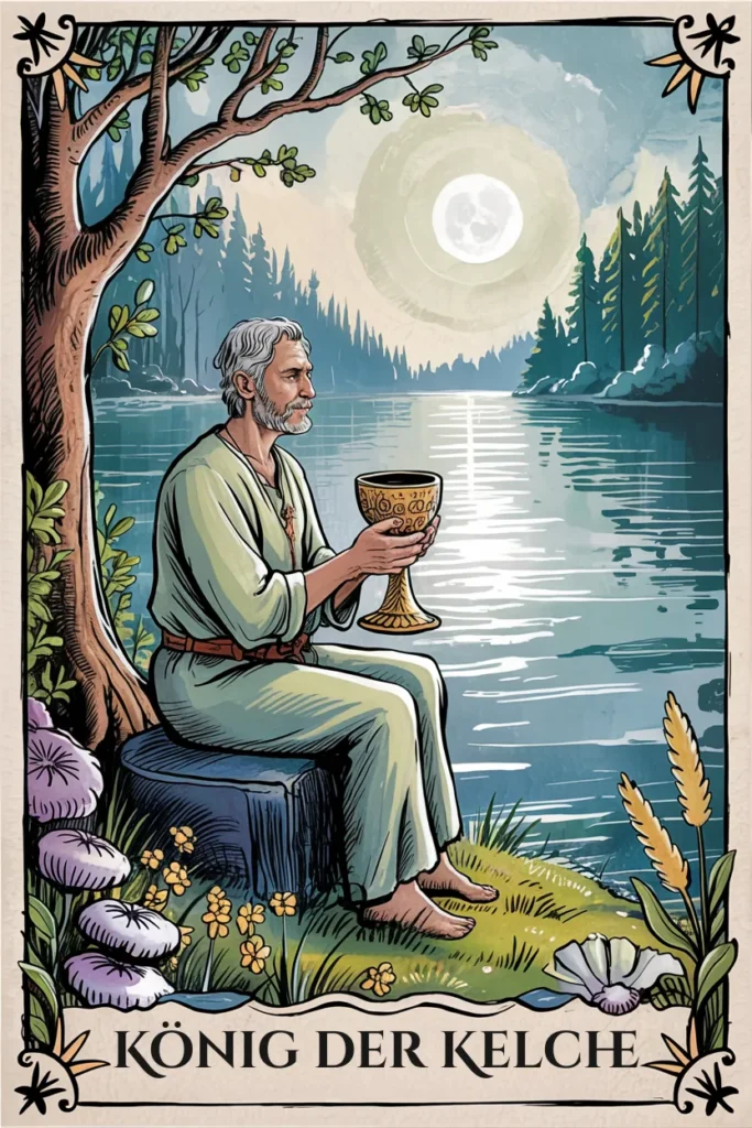 Tarotkarte König der Kelche in mystischer Waldästhetik mit einem König mit Kelchen als Symbol für souveränität, verantwortung und beherrschte kraft.
