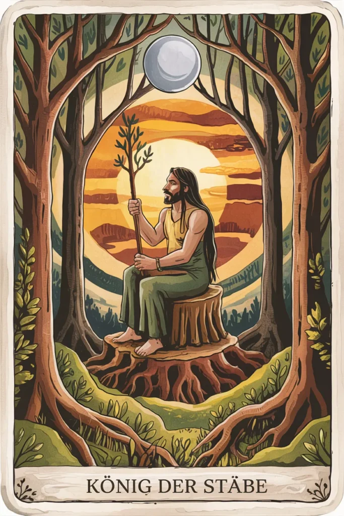 Tarotkarte König der Stäbe in mystischer Waldästhetik mit einem König mit Stäben als Symbol für souveränität, verantwortung und beherrschte kraft.