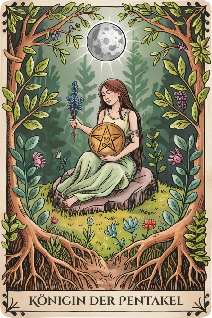 Tarotkarte Königin der Pentakel in mystischer Waldästhetik mit einer Königin mit Pentakeln als Symbol für innere stärke, reife und intuitive führung.