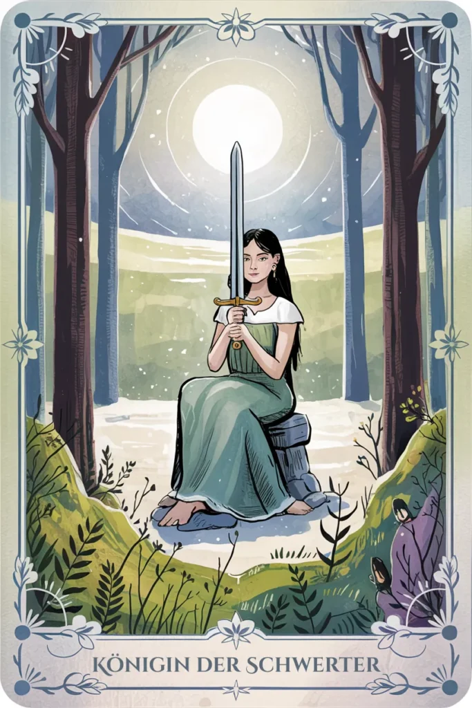 Tarotkarte Königin der Schwerter in mystischer Waldästhetik mit einer Königin mit Schwertern als Symbol für innere stärke, reife und intuitive führung.