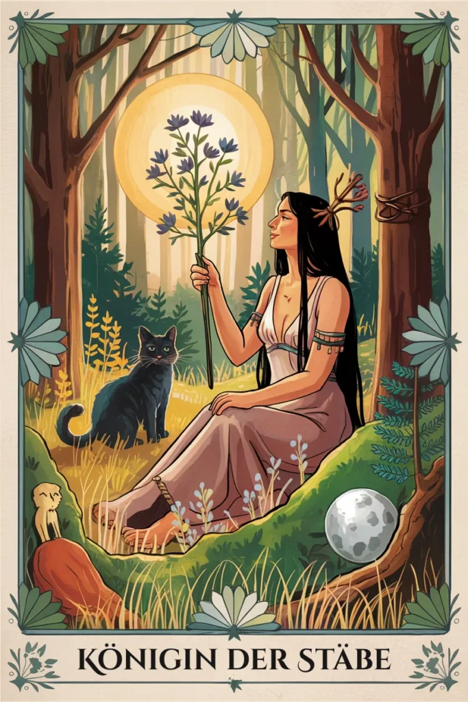 Tarotkarte Königin der Stäbe in mystischer Waldästhetik mit einer Königin mit Stäben als Symbol für innere stärke, reife und intuitive führung.