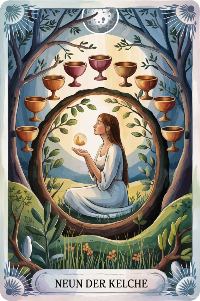 Tarotkarte Neun der Kelche in mystischer Waldästhetik mit neun Kelchen als Symbol für reife, erfüllung oder belastung.
