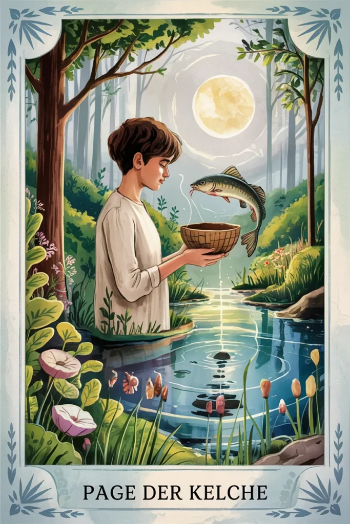 Tarotkarte Page der Kelche in mystischer Waldästhetik mit einer jungen Figur mit Kelchen als Symbol für neugier, botschaft und lernbereitschaft.