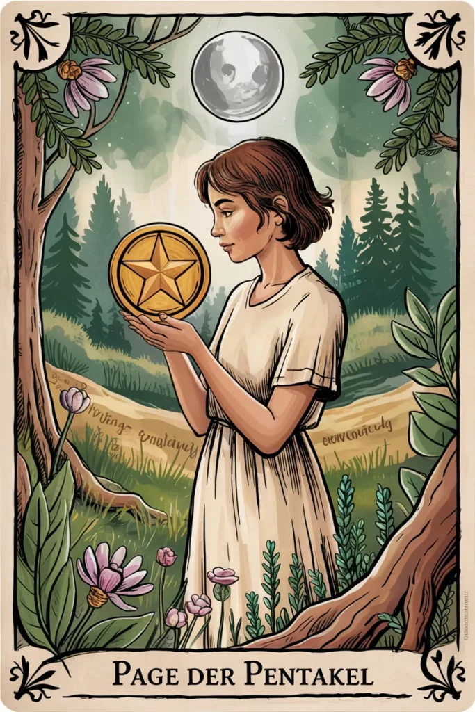 Tarotkarte Page der Pentakel in mystischer Waldästhetik mit einer jungen Figur mit Pentakeln als Symbol für neugier, botschaft und lernbereitschaft.