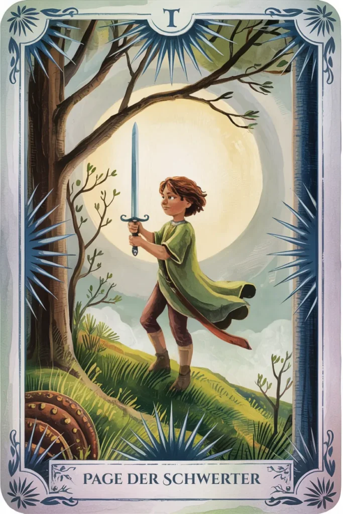 Tarotkarte Page der Schwerter in mystischer Waldästhetik mit einer jungen Figur mit Schwertern als Symbol für neugier, botschaft und lernbereitschaft.