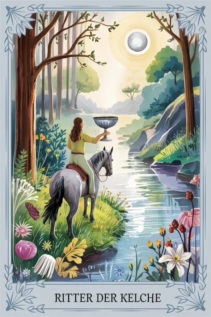 Tarotkarte Ritter der Kelche in mystischer Waldästhetik mit einer reitenden Figur mit Kelchen als Symbol für bewegung, auftrag und gerichtete energie.