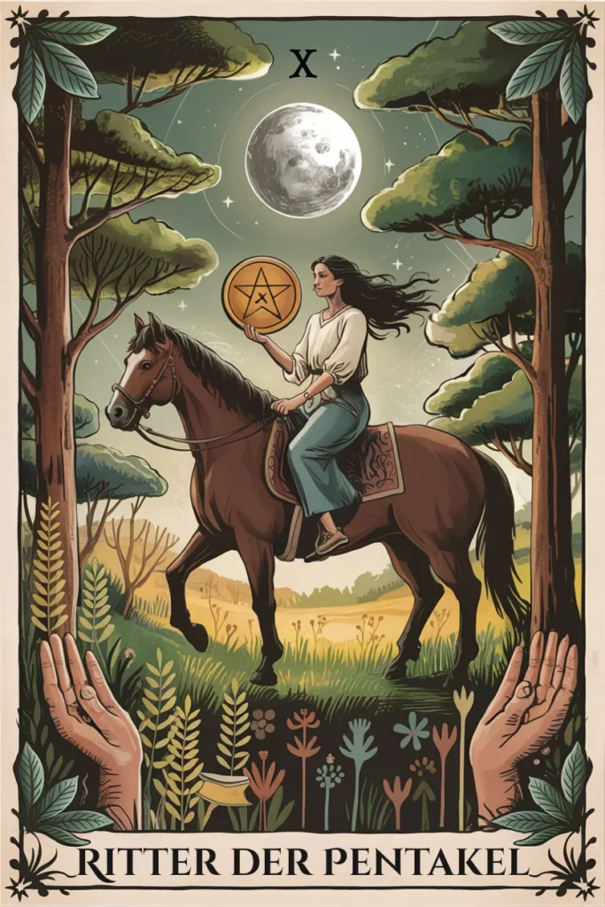 Tarotkarte Ritter der Pentakel in mystischer Waldästhetik mit einer reitenden Figur mit Pentakeln als Symbol für bewegung, auftrag und gerichtete energie.