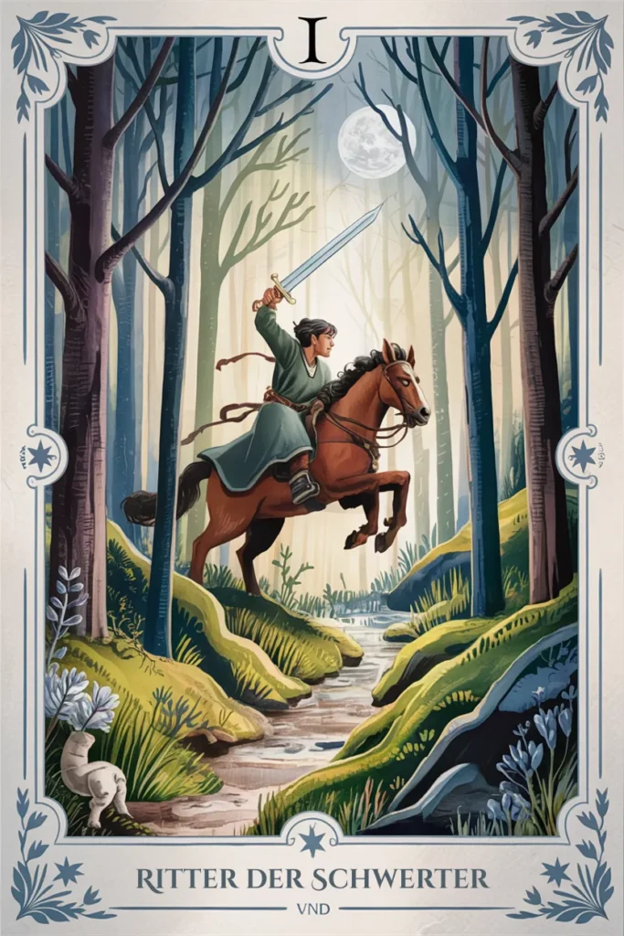 Tarotkarte Ritter der Schwerter in mystischer Waldästhetik mit einer reitenden Figur mit Schwertern als Symbol für bewegung, auftrag und gerichtete energie.