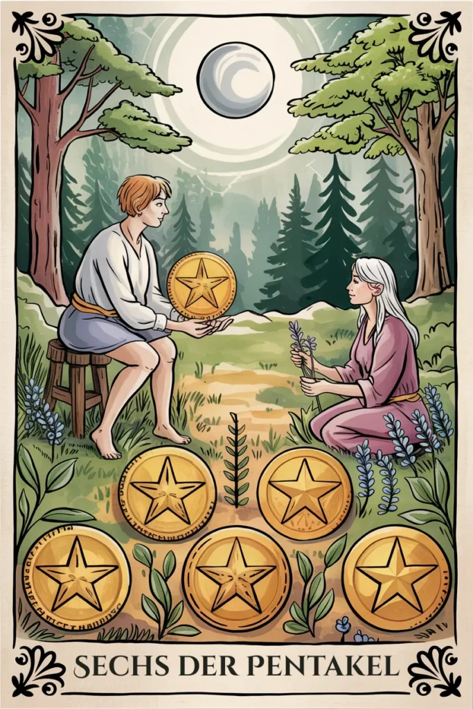 Tarotkarte Sechs der Pentakel in mystischer Waldästhetik mit sechs Pentakeln als Symbol für übergang, unterstützung oder harmonie.