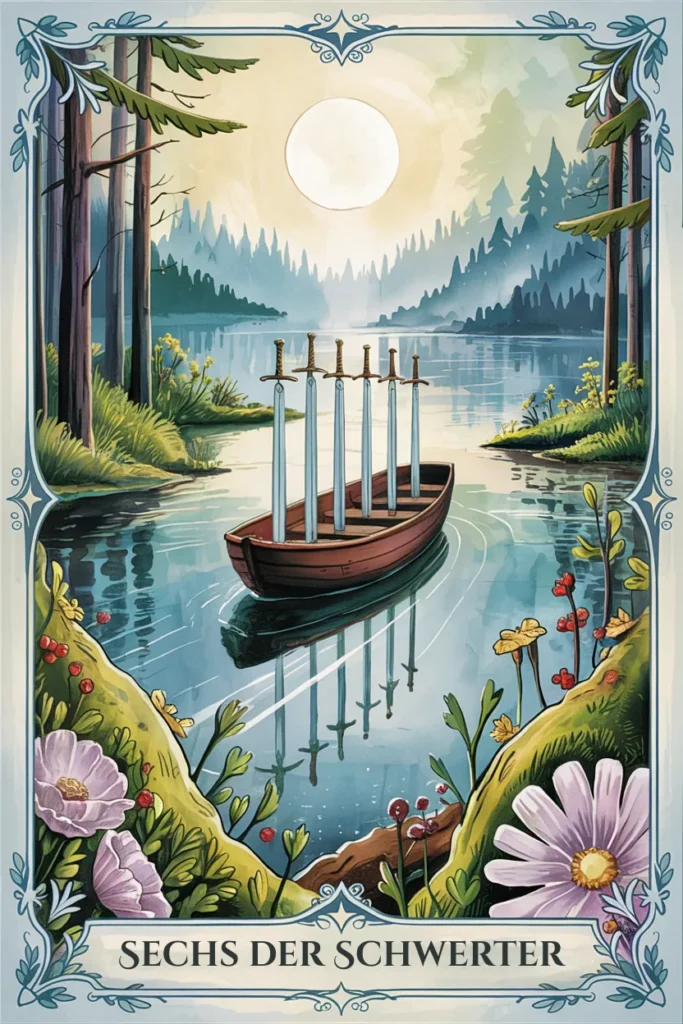 Tarotkarte Sechs der Schwerter in mystischer Waldästhetik mit sechs Schwertern als Symbol für übergang, unterstützung oder harmonie.