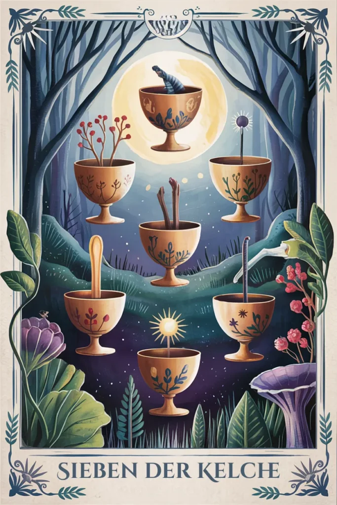 Tarotkarte Sieben der Kelche in mystischer Waldästhetik mit sieben Kelchen als Symbol für prüfung, suche oder innere auseinandersetzung.