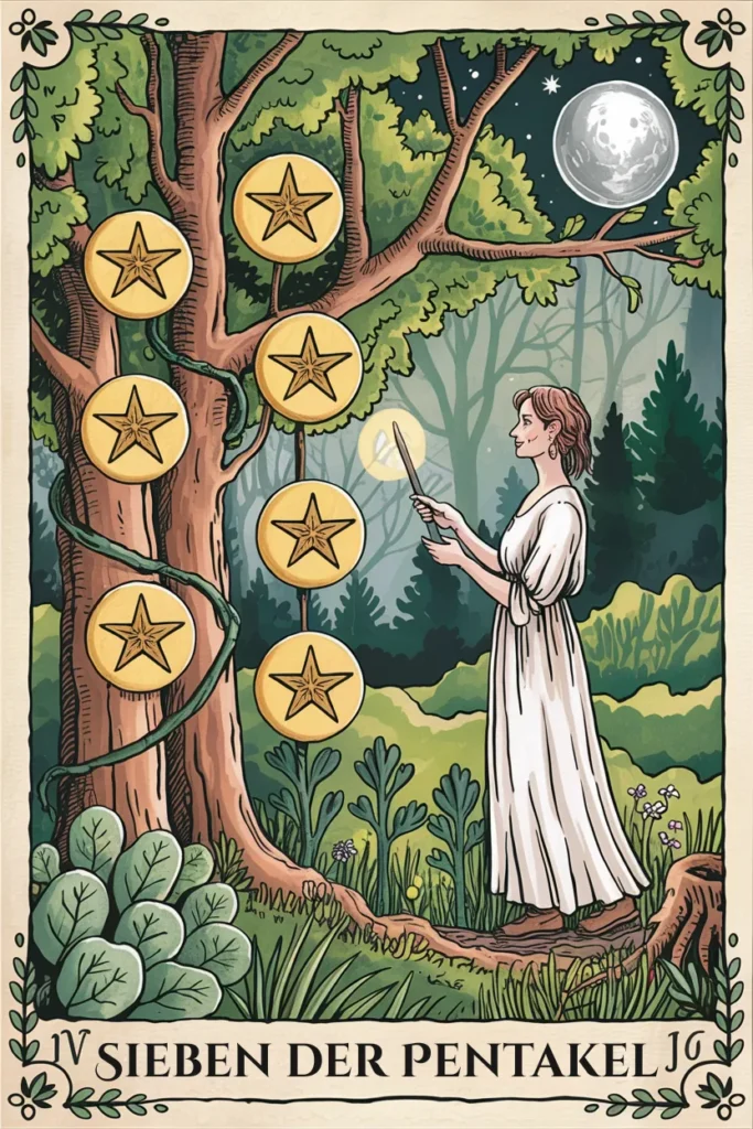 Tarotkarte Sieben der Pentakel in mystischer Waldästhetik mit sieben Pentakeln als Symbol für prüfung, suche oder innere auseinandersetzung.