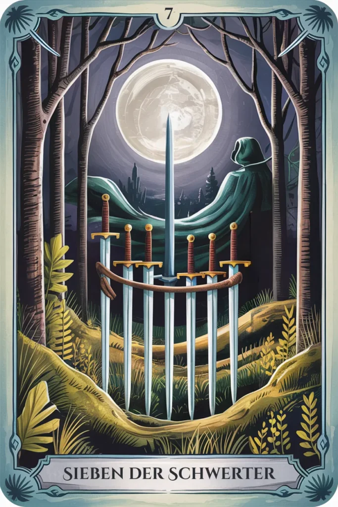 Tarotkarte Sieben der Schwerter in mystischer Waldästhetik mit sieben Schwertern als Symbol für prüfung, suche oder innere auseinandersetzung.