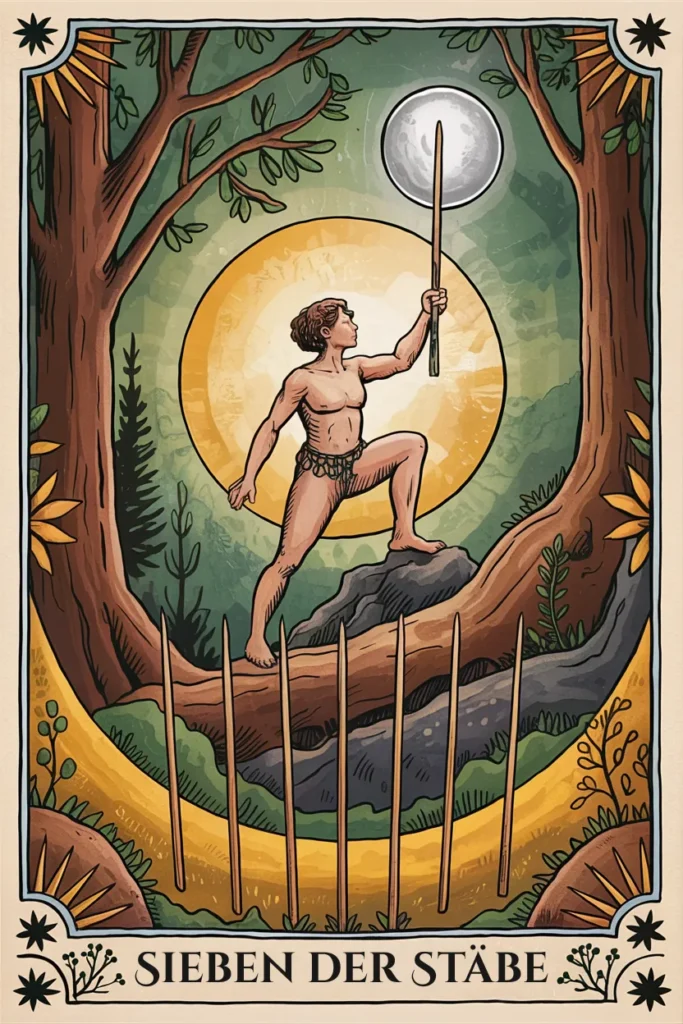 Tarotkarte Sieben der Stäbe in mystischer Waldästhetik mit sieben Stäben als Symbol für prüfung, suche oder innere auseinandersetzung.