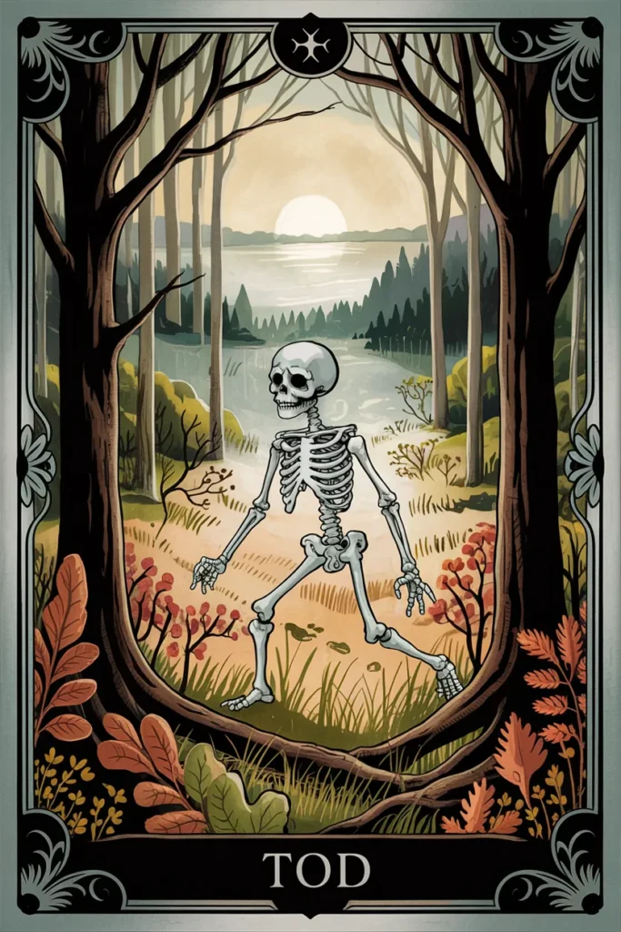 Tarotkarte Tod in naturmystischer Bildsprache mit einer Szene für loslassen, transformation und tiefer übergang.