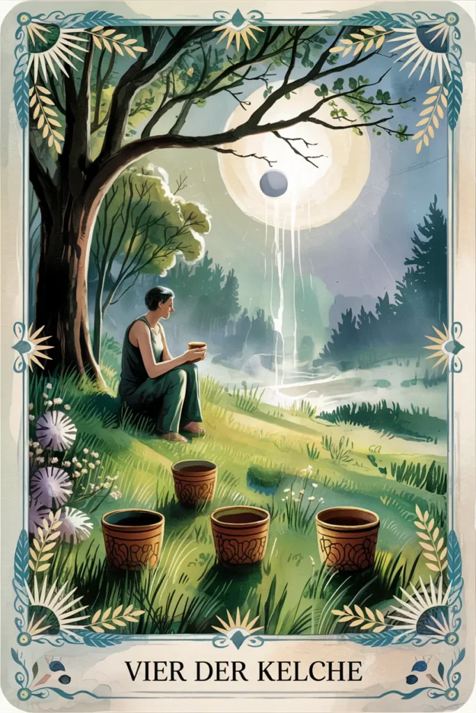 Tarotkarte Vier der Kelche in mystischer Waldästhetik mit vier Kelchen als Symbol für stabilität, rückzug oder sicherung.