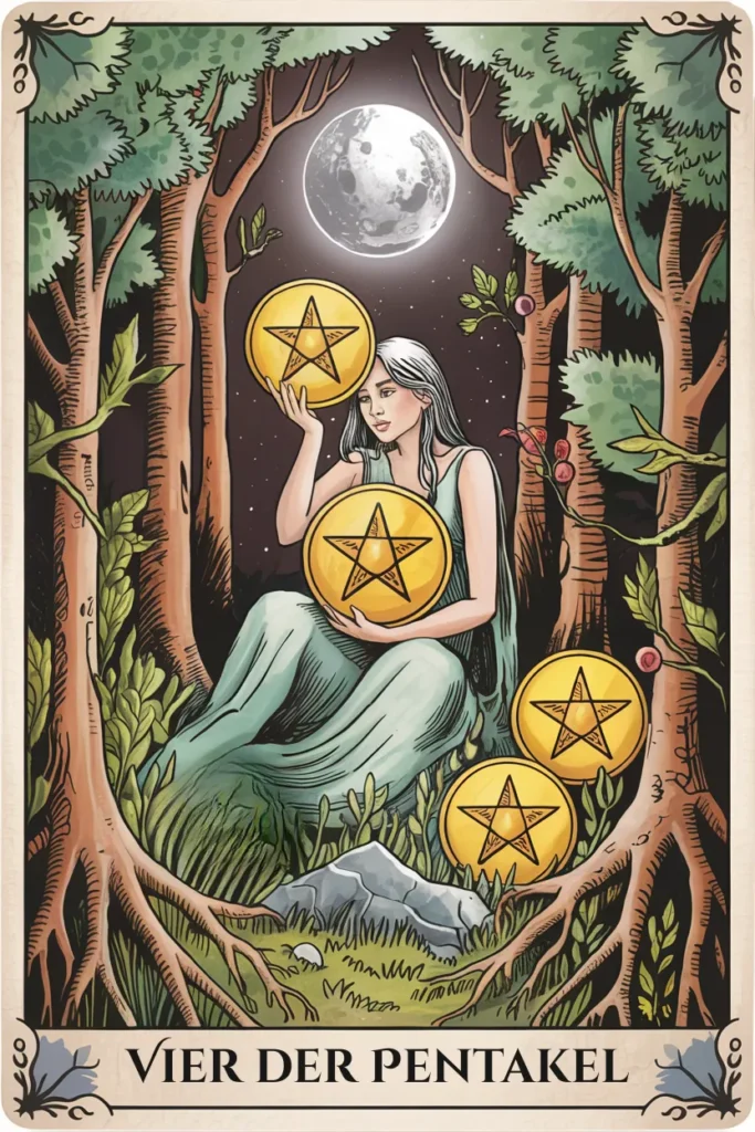 Tarotkarte Vier der Pentakel in mystischer Waldästhetik mit vier Pentakeln als Symbol für stabilität, rückzug oder sicherung.