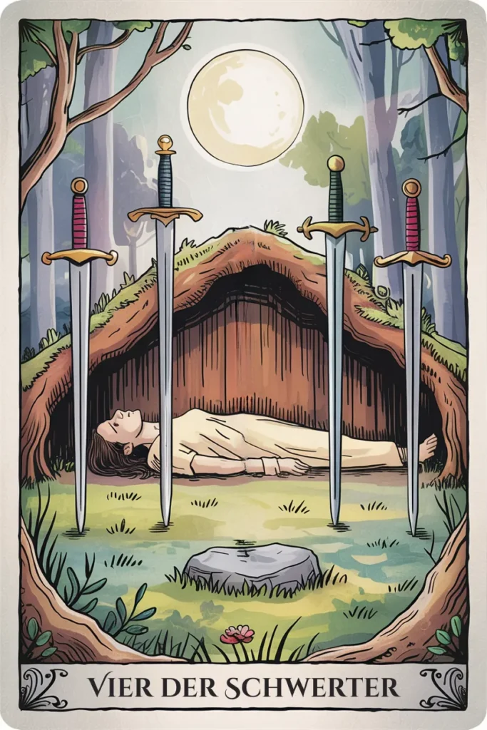 Tarotkarte Vier der Schwerter in mystischer Waldästhetik mit vier Schwertern als Symbol für stabilität, rückzug oder sicherung.