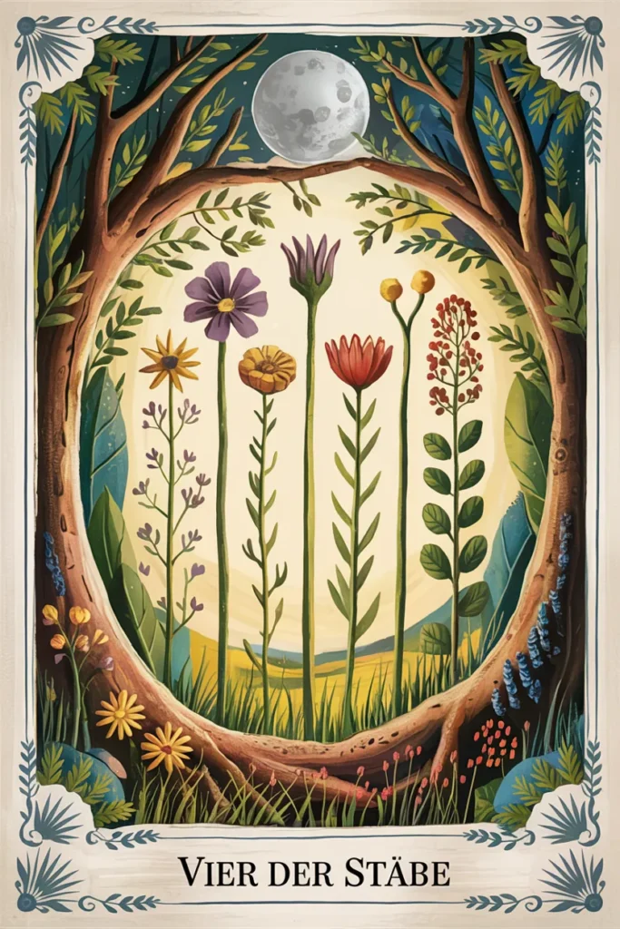 Tarotkarte Vier der Stäbe in mystischer Waldästhetik mit vier Stäben als Symbol für stabilität, rückzug oder sicherung.