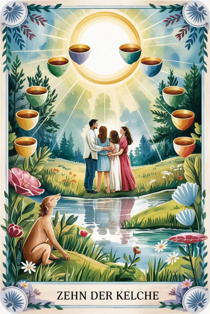 Tarotkarte Zehn der Kelche in mystischer Waldästhetik mit zehn Kelchen als Symbol für abschluss, fülle oder überlastung.