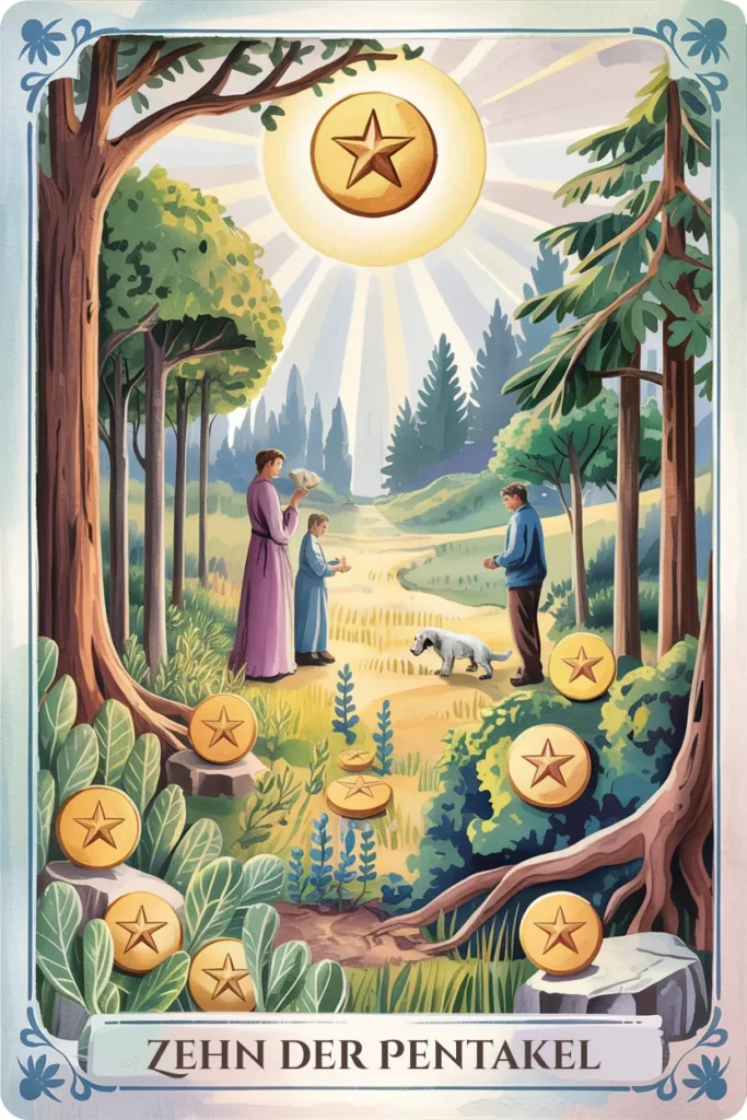 Tarotkarte Zehn der Pentakel in mystischer Waldästhetik mit zehn Pentakeln als Symbol für abschluss, fülle oder überlastung.