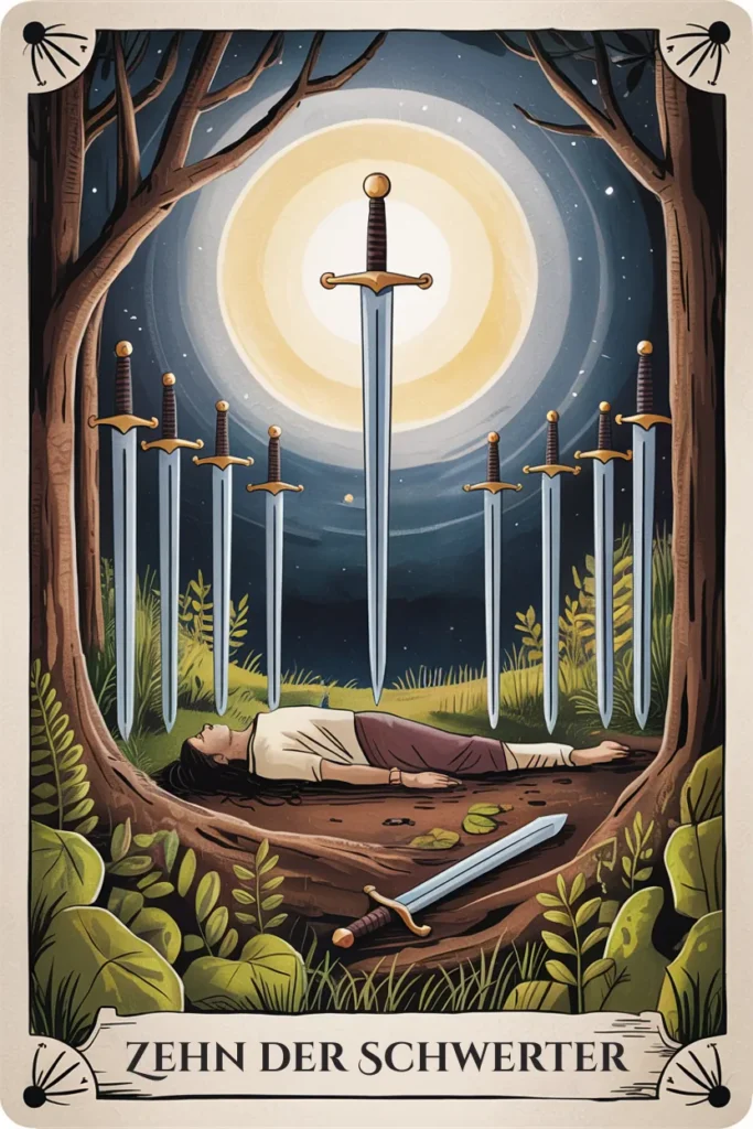 Tarotkarte Zehn der Schwerter in mystischer Waldästhetik mit zehn Schwertern als Symbol für abschluss, fülle oder überlastung.